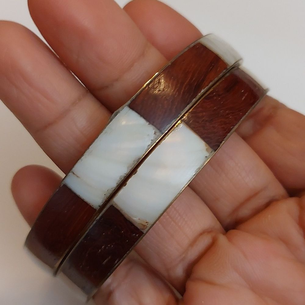 Vintage MOP Shell and Wood Rectangle Inlays Brass Bangle Bracelet Bundle of 2